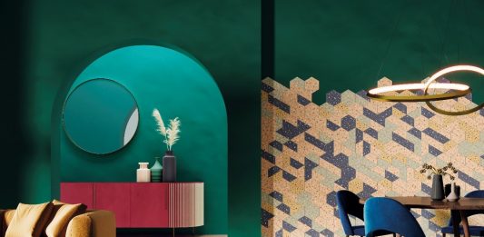 Ceusa apresenta inspirações para uso de porcelanatos hexagonais Coleção Confete em formato hexagonal e trapézio aplicados na parede