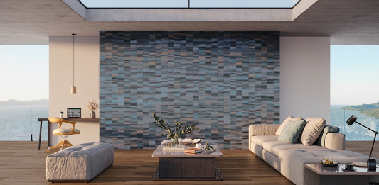 Revestimentos, louças e metais que remetem à conexão com a natureza Porcelanato Horizonte BL MLX da Portinari, com o formato 15X15cm, aplicado na parede