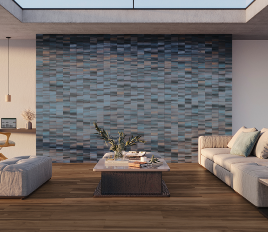 Revestimentos, louças e metais que remetem à conexão com a natureza Porcelanato Horizonte BL MLX da Portinari, com o formato 15X15cm, aplicado na parede
