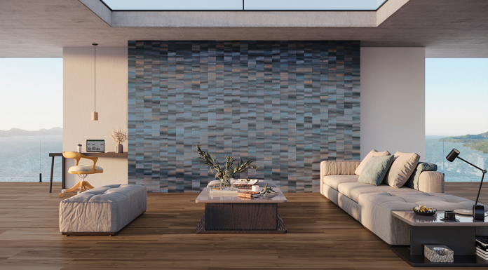 Revestimentos, louças e metais que remetem à conexão com a natureza Porcelanato Horizonte BL MLX da Portinari, com o formato 15X15cm, aplicado na parede