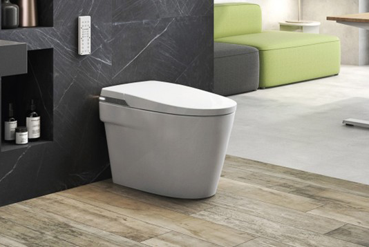 Bacia sanitária inteligente In-Wash® In-Tank® Inspira da Roca foram destaque na Expo Revestir 2025 Bacia sanitária inteligente no modelo de piso da coleção In-Wash® In-Tank® Inspira, na cor branco brilho
