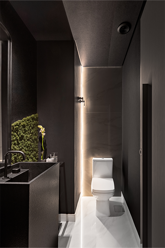 Projeto: Martins Galera| O lavabo foi pensado em uma paleta mais escura que desse mais elegância