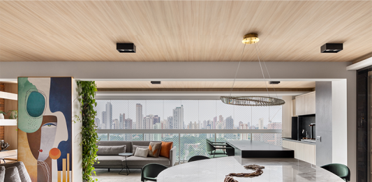 Urbanidade e conforto: Um refúgio familiar em São Paulo Projeto: Célia Mustafá |O pilar estrutural foi aproveitado de forma inteligente, abrigando de um lado o jardim vertical da varanda gourmet e, do outro, um quadro colorido que leva dinamismo à sala de TV