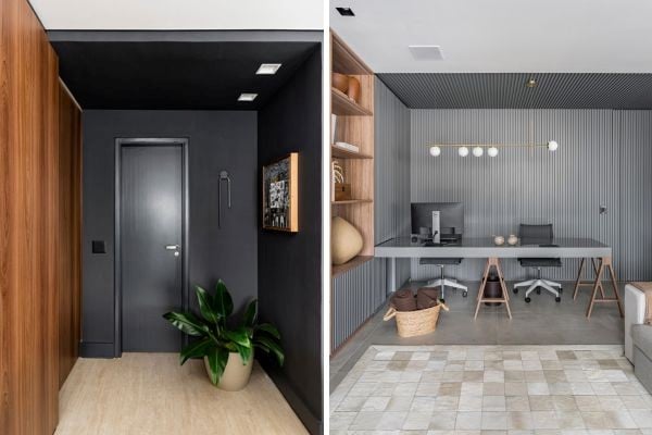 Projeto: Spaço Interior Arquitetura | Na imagem à esquerda, o grafite tomou conta do hall monocromático executado pela arquiteta Ana Rozenblit, que foi 'suavizado' pelo revestimento de madeira da parede e o tom claro do piso. À direita, o cinza mais claro foi explorado na marcenaria de efeito ripado e na bancada dupla para o home office.