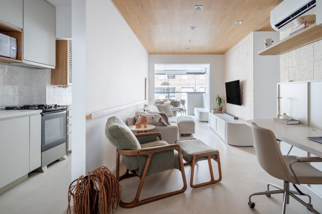 Projeto Intu Arquitetura v7 Projeto: Intu Arquitetura | O projeto foi pensando em integrar os ambientes como sala, cozinha, home-office e sacada.