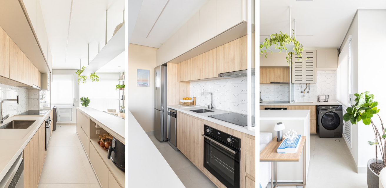 Foto: Gabriel Fernandes | Projeto: Bimá Arquitetura | Sala, cozinha, área de serviço e varanda foram integradas para dar sensação de amplitude no espaço e promover maior conectividade entre os ambientes.