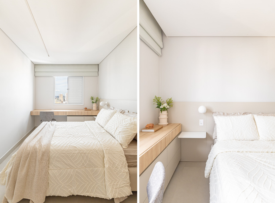 Foto: Gabriel Fernandes | Projeto: Bimá Arquitetura | A suíte do casal traz leveza e aconchego através de uma marcenaria clara. A bancada com dupla função conta com uma penteadeira em sua parte interna. 