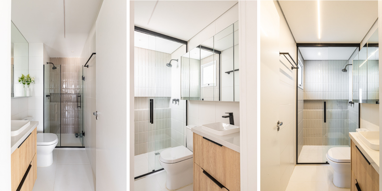 Foto: Gabriel Fernandes | Projeto: Bimá Arquitetura | Nos banheiros, a profissional utilizou metais pretos com acabamentos claros, deixando o cômodo mais sofisticado e elegante.