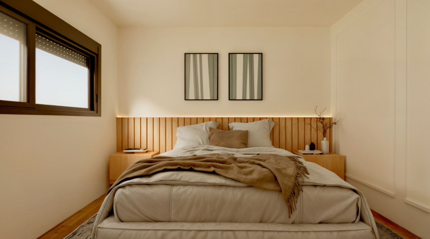 Painel ripado como cabeceira cria aconchego no quarto – Foto: Render | Projeto: Ale Frateschi Arquitetura