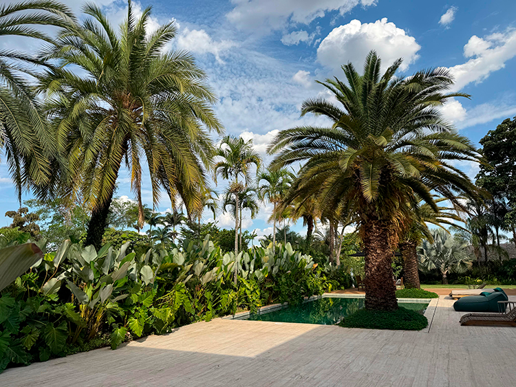 Ao fundo da piscina há um jardim tropical denso que foi executado especialmente para uma moradora apaixonada por plantas. O verde das espécies contribui para uma paisagem mais natural em meio ao piso de travertino e o deck de madeira.