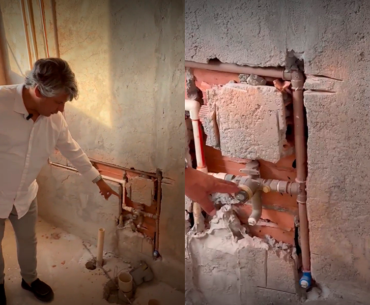 Projeto Meneghisso & Pasquotto Arquitetura |Durante a inspeção realizada pelo arquiteto Alexandre Pasquotto, ele aponta a instalação para uma ducha higiênica monocomando com abertura para água quente e fria 