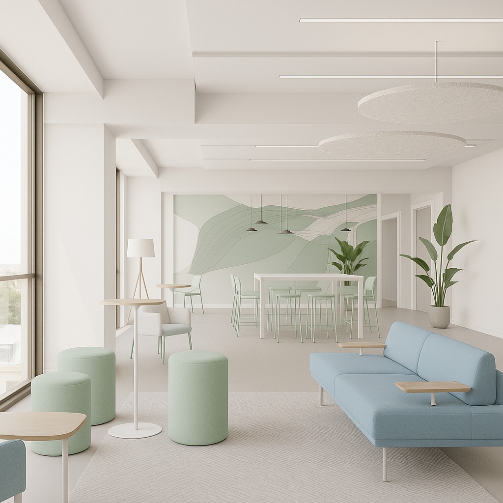 Cloud Dancer_RS Design 1 Eleito cor do ano pela Pantone, o tom traz leveza, conforto visual e equilíbrio para ambientes corporativos pensados para os novos formatos de trabalho. Um convite ao bem-estar, à concentração e à colaboração.