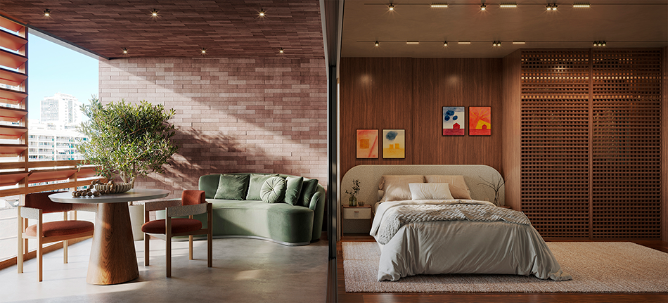 Projeto: Pedro Coimbra | Quarto e sacada integrados traduzem a proposta do MO.dO Botafogo: ambientes fluidos, iluminados e pensados para o morar contemporâneo, em diálogo constante com a cidade.