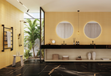 Banheiro preto: 5 dicas para criar um projeto elegante e ousado Porcelanato acetinado não escorrega e facilita a limpeza do banheiro – Foto: Ceusa