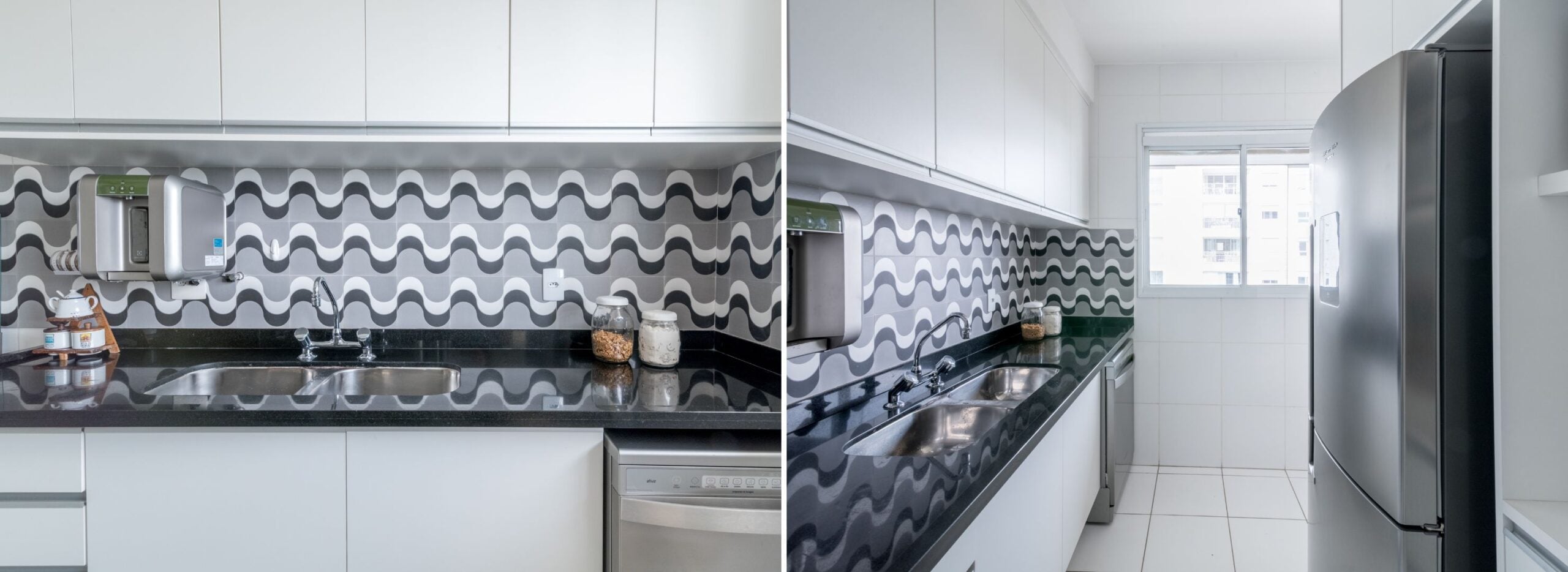 Nesta cozinha, a arquiteta optou pelas duas cubas atendidas pela torneira com duplo comando que permite o seu direcionamento