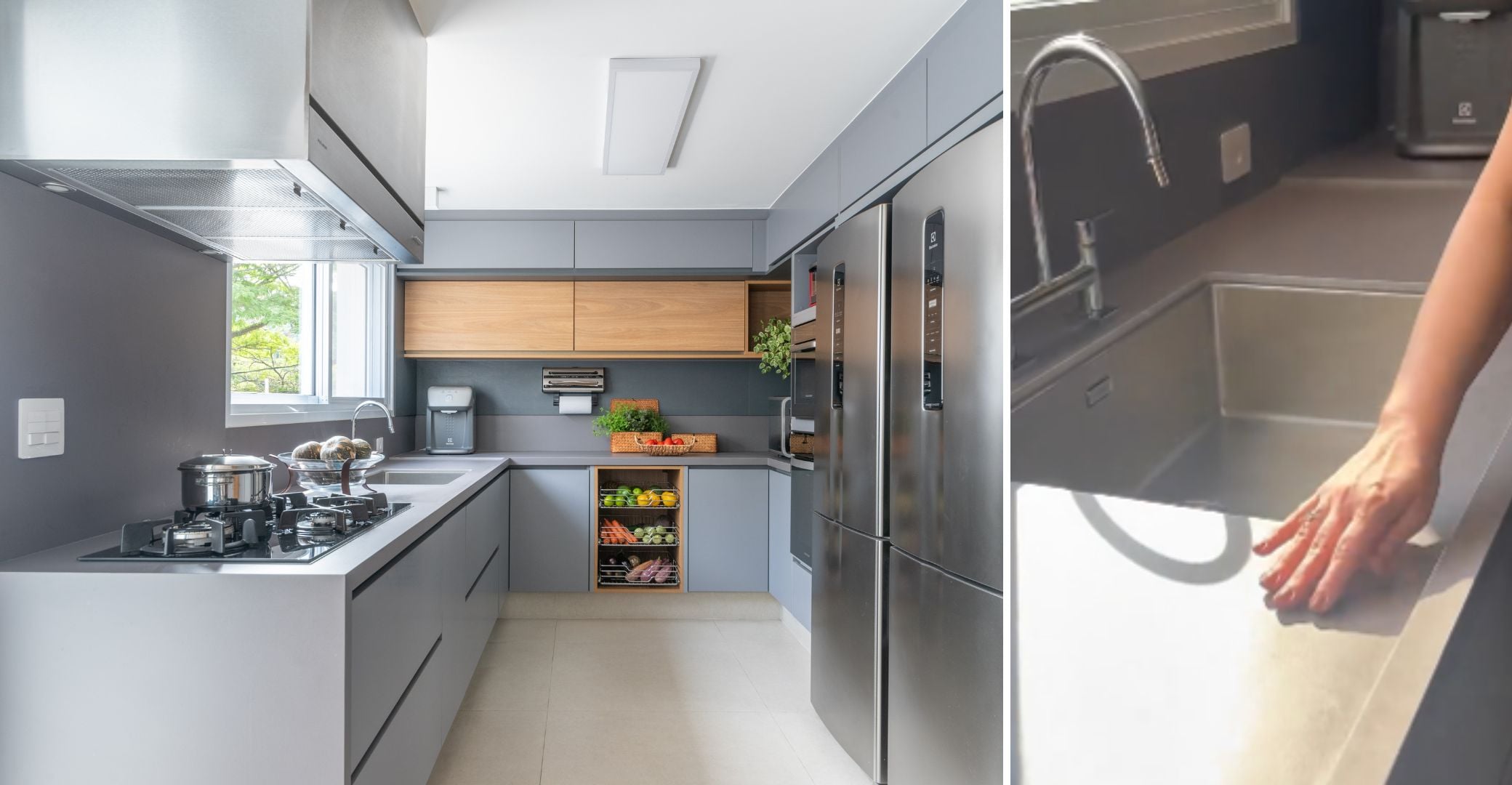 Na bancada revestida com lâmina sinterizada, a arquiteta elegeu uma cuba generosa e alinhada com o tamanho da cozinha 