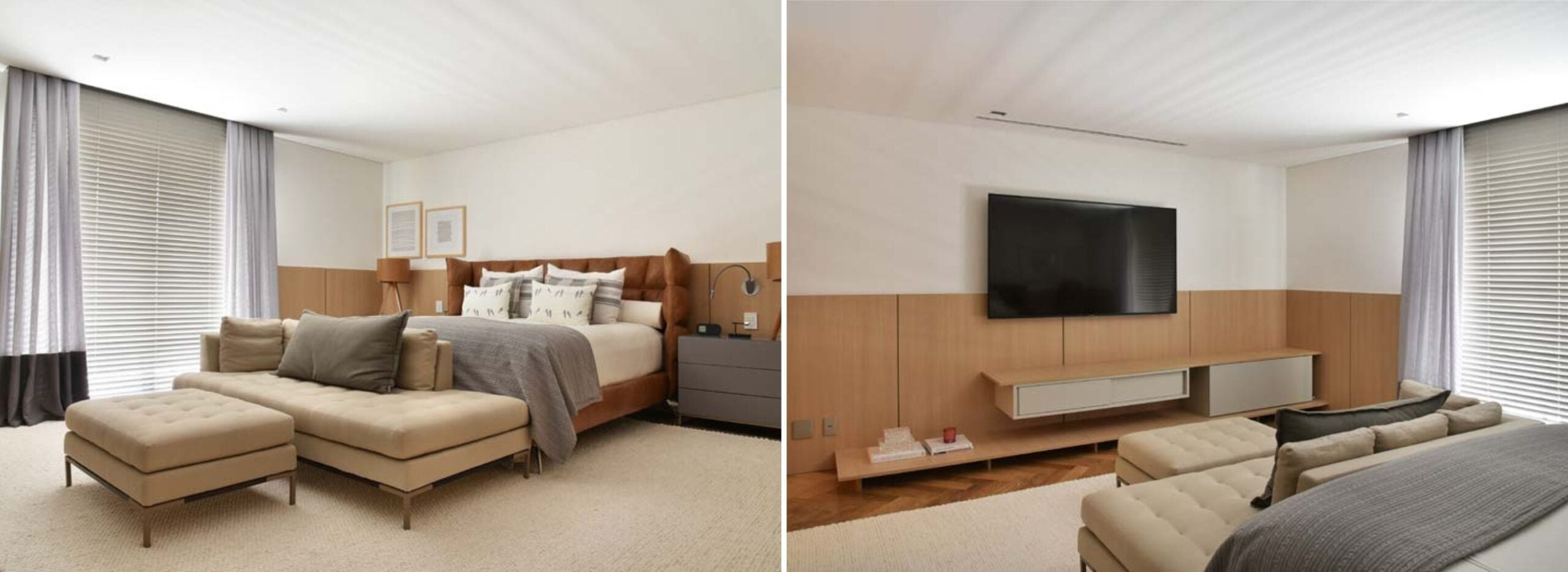 Projeto: Spaço Interior |  A profundidade desse dormitório, permitiu que se criasse um espaço dedicado à TV com um sofá e apoio para os pés