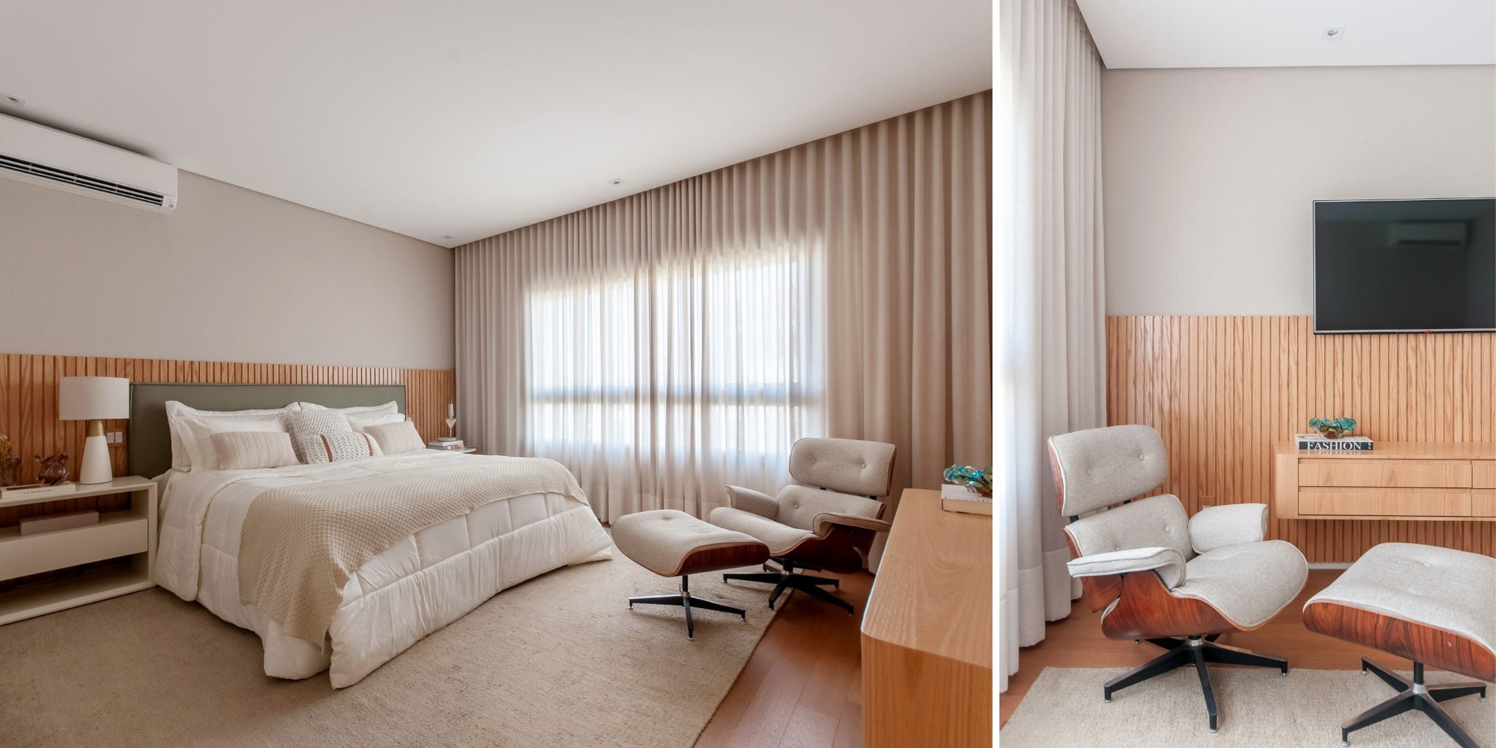 Projeto: Paiva e Passarini Arquitetura e Design | No quarto do casal, a poltrona Charles Eames, eleita pelas arquitetas Vanessa Paiva e Claudia Passarini, propicia um prazeroso local de leitura para os moradores