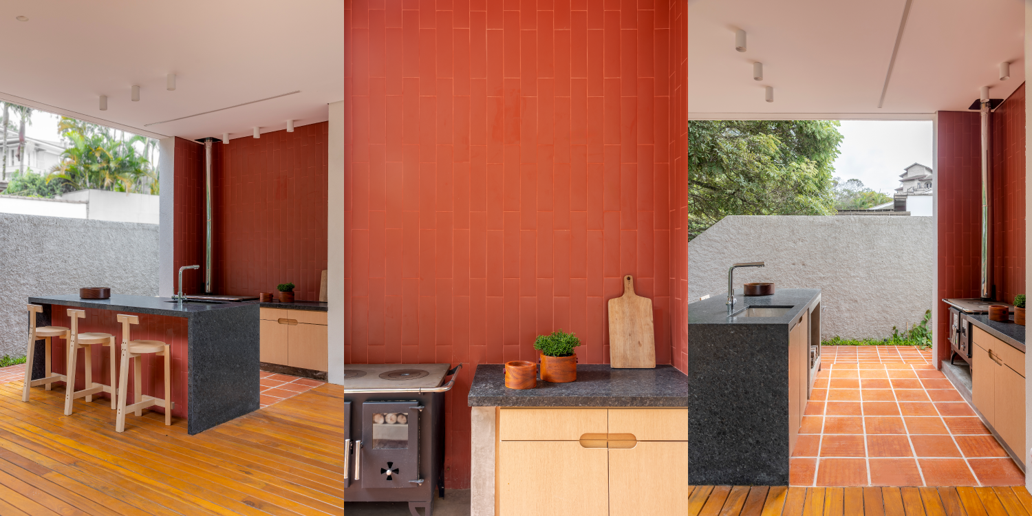Mais uma vez, as banquetas Girafa, de Lina Bo Bardi, aparecem e demonstram uma conexão direta com a arquitetura paulista