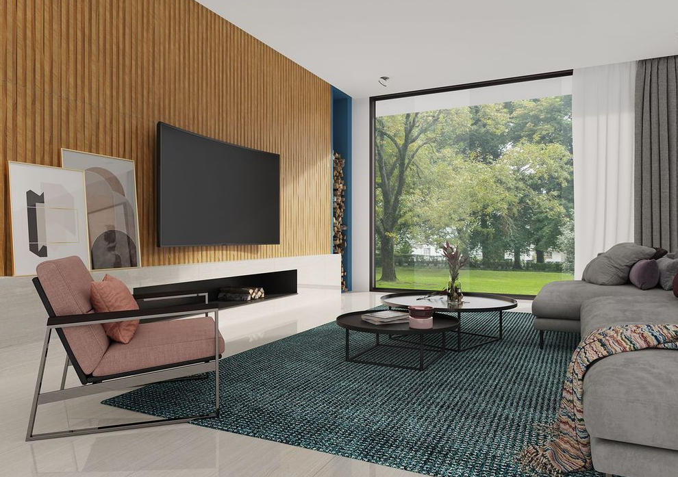O porcelanato é fácil de limpar, durável e versátil: três qualidades essenciais para a sala de TV – Foto: Ceusa