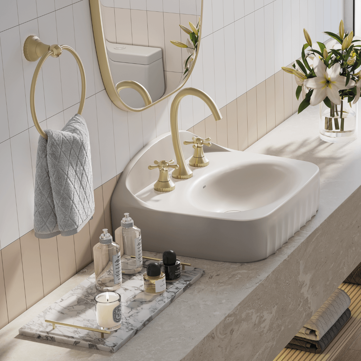 Tom barbante, borda infinita e backsplash integrado – Foto: Deca