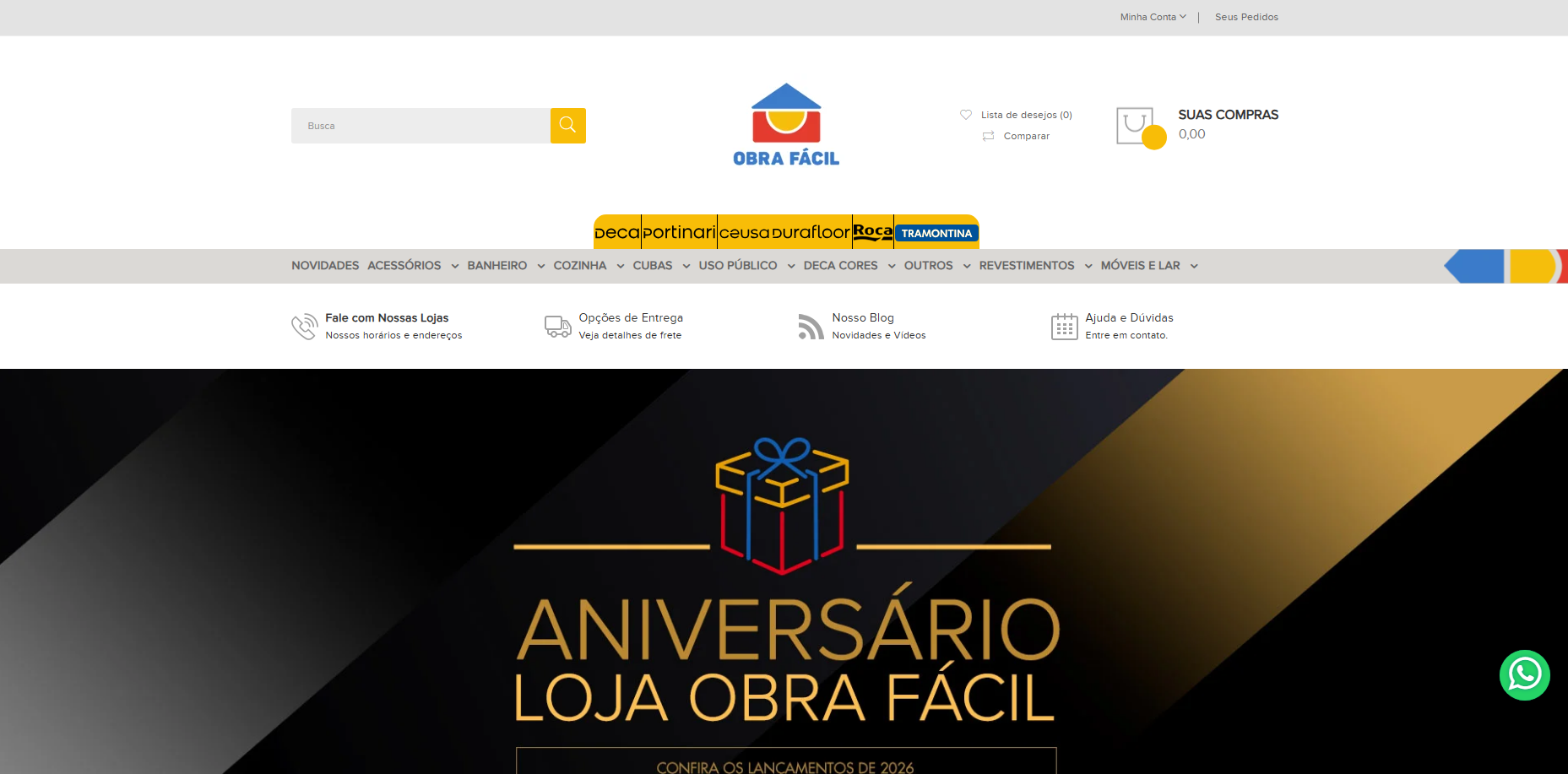 O e-commerce da Obra Fácil reúne diversos de itens com os mesmos preços das lojas físicas – Foto: Home e-commerce Obra Fácil